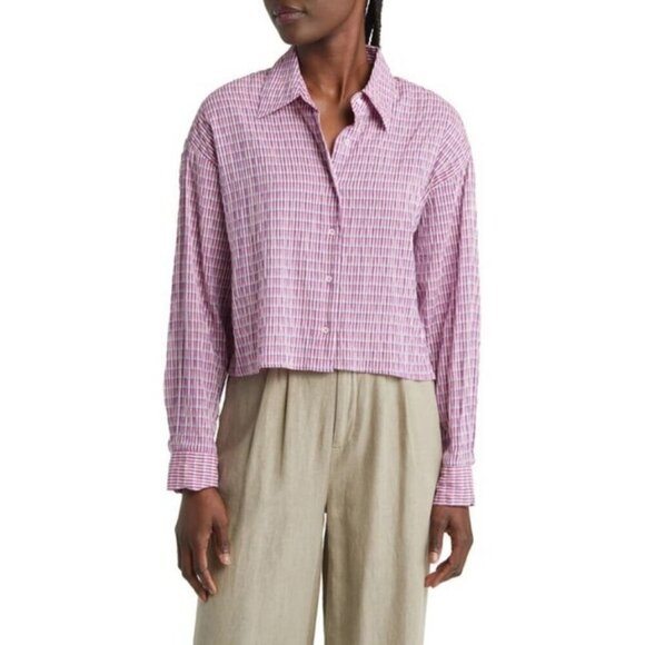 💕XIRENA💕 Dawson Plaid Crop Button Up Shirt ~ Coral Cove Large NWOT - Picture 4 of 16